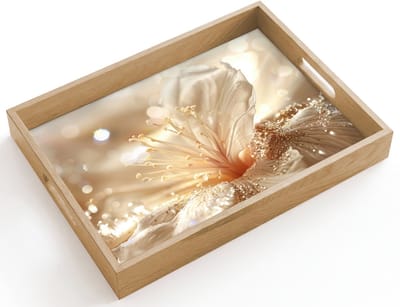 Dienblad hout 40x30 cm - Schootdienblad - Bloem - Wit - Glitter - Goud - Modern - Borrelplank rechthoek - Plateau dienbladen