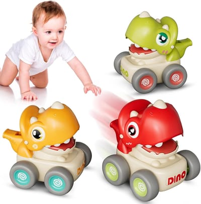 3 Stuks Druk & Ga Dinosaurus Speelgoedauto's voor Peuters - Wrijvingsaangedreven Cartoon Dino Voertuig Speelset - BPA Vrij Montessori Vroegonderwijs Duwauto's voor 1 2 3 Jaar Oude Jongens Meisjes Baby Cadeau