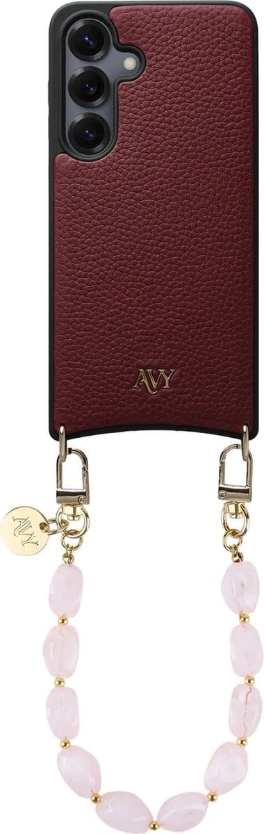 AVY Leren Hoesje Geschikt voor Samsung Galaxy S25 / S24 | Compatibel met MagSafe | Leather Case met Telefoonkoord | Polsbandje | Burgundy | Rocher Pink