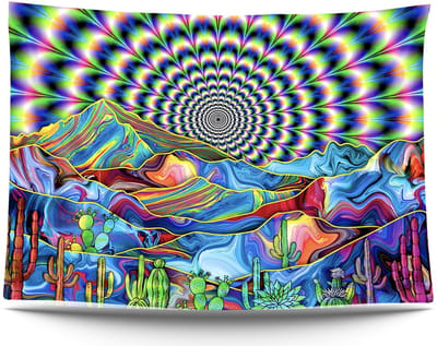 Ulticool - Bergen Cactus Zon - Glow in the Dark Tapestry Decoratie Magic - Psychedelisch - Blacklight Party Wandkleed Achtergronddoek - 200x150 cm - Backdrop UV Lamp Reactive - Groot wandtapijt - Poster - Neon Fluor Verlichting