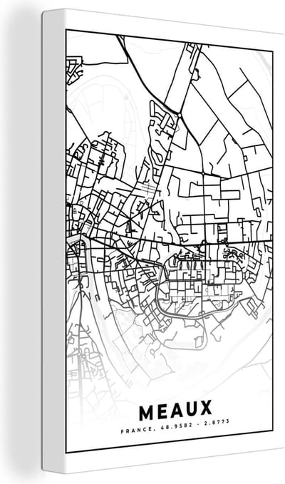 Canvas Schilderij Stadskaart - Meaux - Plattegrond - Kaart - Frankrijk - Zwart wit - 20x30 cm - Wanddecoratie