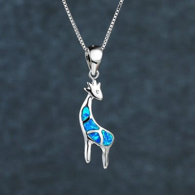Collier en argent sterling 925 véritable avec pendentif girafe en forme d'animal mignon, collier en pierre d'opale bleue pour femmes, bijoux de mariée gray