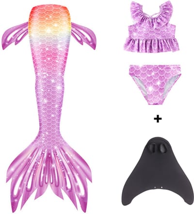 Joya Kids® Zeemeerminstaart met bikini met MONOVIN verkleed set Lila en Oranje | Staart met bijpassende bikini | Mermaid Staart | Prinsessen jurk | Zeemeermin Verkleedkleding meisje | Maat 110 | Incl MONOVIN