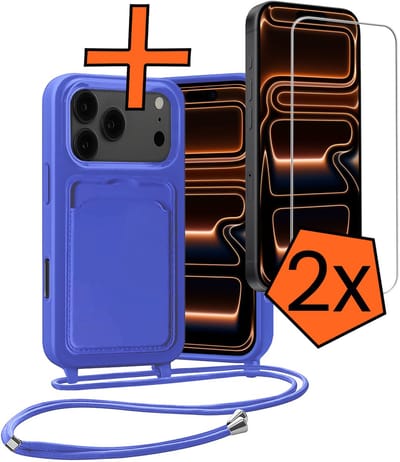 Hoesje Geschikt voor iPhone 17 Pro Hoesje Met Telefoonketting Pasjeshouder Case Met 2x Screenprotector Koord - Hoesje Geschikt voor iPhone 17 Pro Hoes Met Kaarthouder - Felblauw