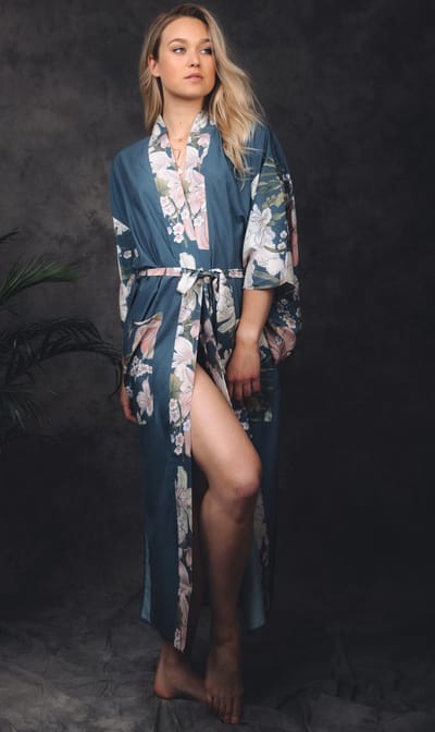 Kimono dames badjas - Flower Deluxe blauw met bloemen en pauw, vrouw, maat S