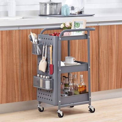Multifunctionele 3-laags Metalen Trolley met Geperforeerde Platen, 3-in-1 Opbergbox, Haken, Mandjes, Handgrepen en Vergrendelbare Wielen – Universeel Mobiel Opbergrek voor Keuken, Kantoor, Garage, Badkamer