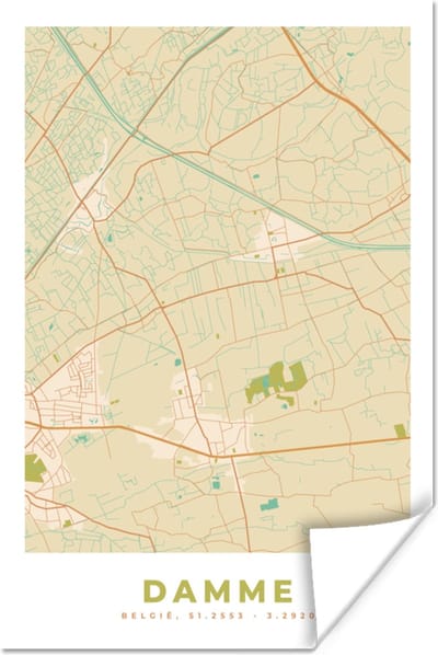 Poster Damme - Kaart - Vintage - Stadskaart - Plattegrond - 120x180 cm XXL