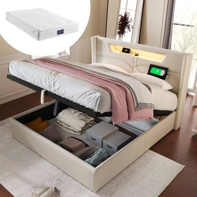 Wishdor Gestoffeerd Opbergbed 140x200 cm – V-vormig Hoofdbord – LED en USB-C/USB-A – Gasveer Opbergruimte – Inclusief Matras – Linnen – Beige