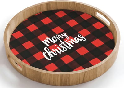 Dienblad rond 40x40 cm - Schootdienblad hout - Geruit - Rood - Tekst - Christmas - Borrelplank rechthoek - Plateau houten dienbladen