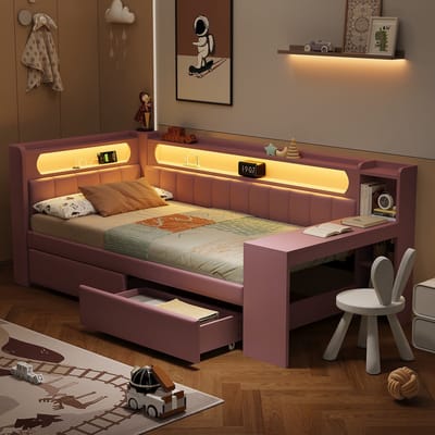 Daybed - 90x200 - Gestoffeerd bed met USB, LED en bureau met 2 lades - stof - roze - zonder matras
