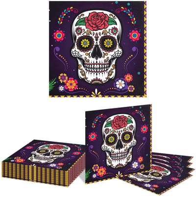 Dailygoods- Servetten Bloemen-Schedel 24 Stuks - Wegwerp Servetten - Papieren Servetten - Feest Tafelbenodigdheden - 16,5cm x 16,5cm - Kleurvast en Hoogwaardig - Feestservetten