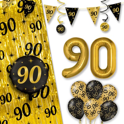 LUQ – All-Out Glam Set 90 Jaar – Zwart-Goud Verjaardag Decor – Luxe Feestpakket Ballonnen-Slingers-Vlaggenlijn-Gordijn