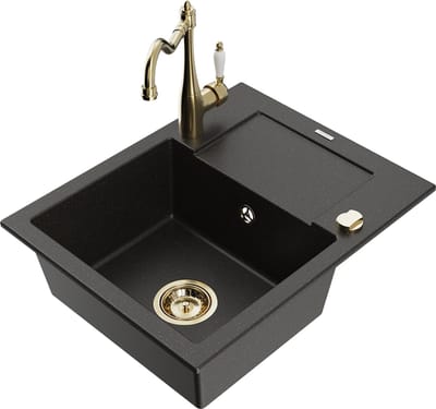 Mexen Enzo granieten spoelbak met 1 bak en afdruiprek en keukenkraan Carla, zwart/goud metallic - 6506-75-670700-50
