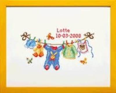 Pako Borduurpakket geboorte- tel patroon met codekaart - Baby waslijn geboortetegel - 225.298 - voorgesorteerd garen- Aida - 25 x 14 cm - DIY kit