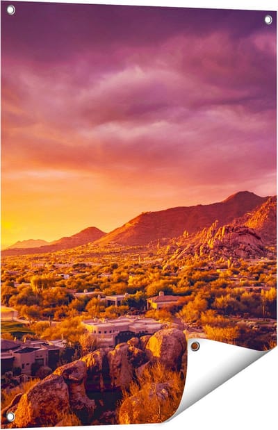 Gards Tuinposter Woestijn Landschap met Zonsondergang - 60x80 cm - Tuindoek - Tuindecoratie - Wanddecoratie buiten - Tuinschilderij