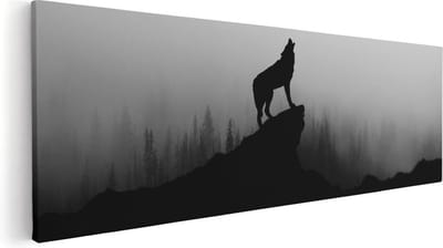 Artaza Canvas Schilderij Wolf In Mist - 60x20 cm - Wanddecoratie Bergen - Muurdecoratie Bos - Kamer Accessoires Dieren