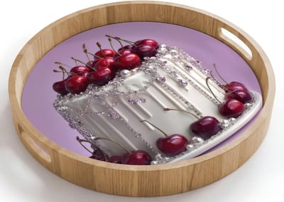 Dienblad rond 40x40 cm - Schootdienblad hout - Taart - Kersen - Juwelen - Rood - Borrelplank rechthoek - Plateau houten dienbladen