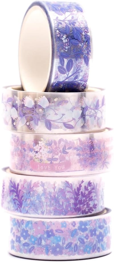 5 rollen bloemen washi tape set plakband papier PET decoratief vintage afplakband doorzichtig plakband kleurrijk voor scrapbooking handwerk handwerk (lavendel)