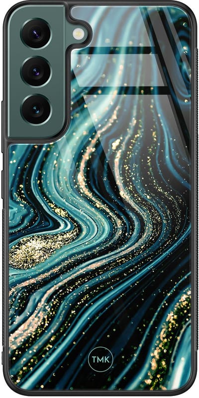 Hoesje geschikt voor Samsung Galaxy S22 - Blue marble waves - Blauw - TPU luxe case (glossy toplaag) - Marmer - Hardcase backcover zwart