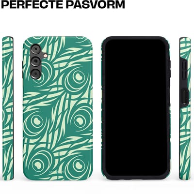 Casetastic hoesje geschikt voor Samsung Galaxy A14 (2023) 5G / Samsung Galaxy A14 (2023) 4G - Dubbellaagse bescherming - Troste Turquoise Pauw Veren - Fashion Case - Turquoise Mintgroen Crème