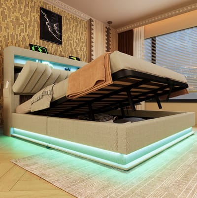 MEUNIQ tweepersoonsbed 160x200 cm met hydraulische opbergruimte, LED-verlichting aan hoofd- en voeteneinde, USB en Type-C, stoffen bedframe voor slaapkamer, beige