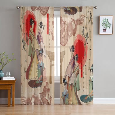 Japan Rode Zon Geisha Vrouw Draak Bamboe Transparante Gordijnen voor Woonkamer Decoratie Raamgordijnen Keuken Tule Voile Gordijnen W135 x H160cm x1