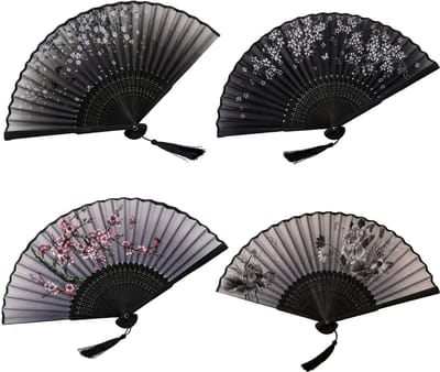 Chinese Vouwfan Set van 4 - Bloemen Bamboe Handfans met Kwastjes - Decoratieve Wandfans voor Thuisdecoratie, Feesten & Bruiloften - Meerkleurig - 1 Set
