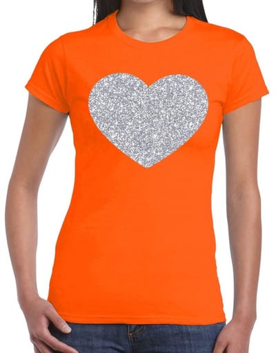 Feestkleding verkleedkleding t-shirt - met zilveren hartje - oranje - voor dames - Glitter and Glamour XXL