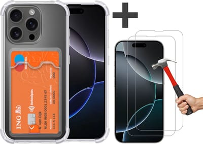 Hoesje Geschikt voor iPhone 16 Pro Hoesje met Pashouder Siliconen Shockproof Case - Arara Backcover met 2 stuks screenprotectors - Transparant