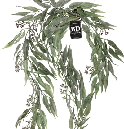 Bellatio Design kunstplant / hangplant slinger - 2x - Eucalyptus - groen - 198 cm lang - bladeren guirlandes - bladgroen decoratie