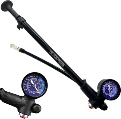 Hoge druk fietspomp met manometer voor vering, achtervering en banden, 3-in-1 mini pomp tot 400 PSI, draagbaar en efficiënt