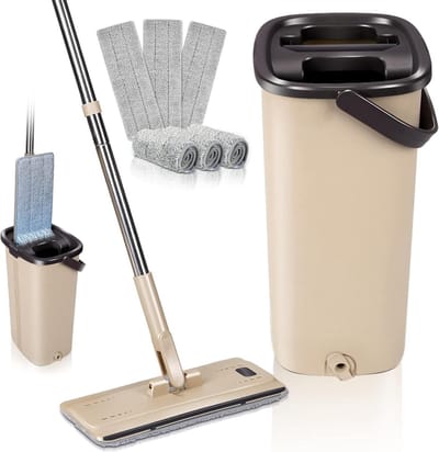 Dweilmopset met uitwringfunctie - 133 cm platte mop - 6 wasbare microvezel-dweilpads - nat en droog wisemmer - 2 compartimenten - alle vloeren