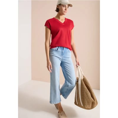Shirt met korte mouwen en V-hals in effen kleur
