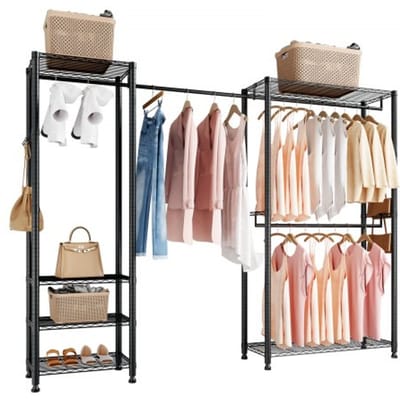 VEVOR Kledingrek met 4 Kledingstangen en Een Draagvermogen van 363 Kg, 6 Planken en 8 Haken, Open Kledingkast voor Slaapkamer, Kledingwinkel, Garderobe, Hal, Zwart