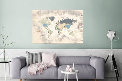 Aluminium schilderij 180x120 cm - Wanddecoratie metaal - Wereldkaart - Vintage - Pastel - Metalen muurdecoratie woonkamer - Decoratie industrieel - Foto op dibond - Industriële accessoires slaapkamer