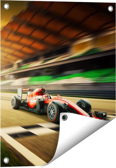 Gards Tuinposter Formule 1 Auto bij de Finish in het Rood - 40x50 cm - Tuindoek - Tuindecoratie - Wanddecoratie buiten - Tuinschilderij