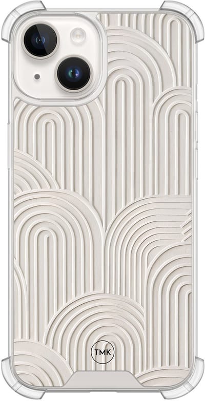 Shockproof hoesje geschikt voor Apple iPhone 14 - Sand curves - Schokbestendig - Verhoogde randen - TPU case - Extra Sterke Back Cover - Geometrisch patroon - Transparant, Beige
