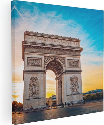 Artaza Canvas Schilderij Parijs - 90x90 cm - Wanddecoratie Arc De Triomphe - Muurdecoratie Zonsondergang - Schilderijen Op Canvas Frankrijk
