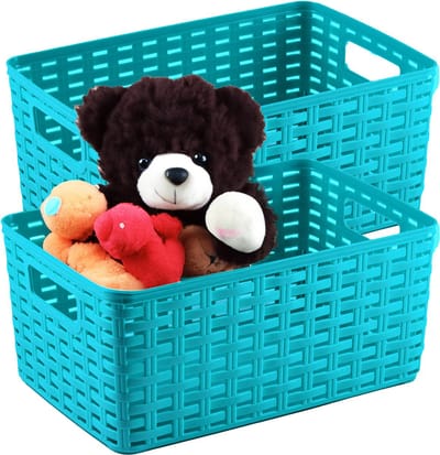 Plasticforte Opbergmand - 2x - Kastmand - rotan kunststof - turquoise blauw - 12 Liter - 30 x 37 x 13 cm