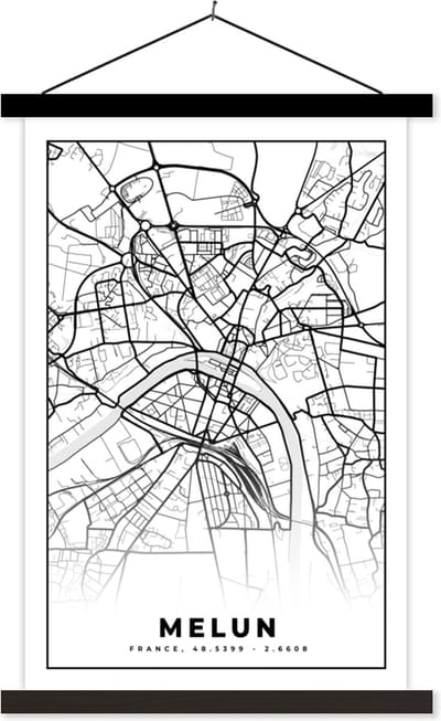 Posterhanger incl. Poster 40x60 cm - Schoolplaat - Frankrijk - Stadskaart - Plattegrond - Kaart - Melun - Zwart wit - Textielposter - Zwarte latten - Stadskaart