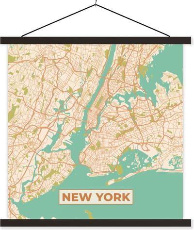 Posterhanger incl. Poster 60x60 cm - Schoolplaat - New York - Vintage - Stadskaart - Plattegrond - Kaart - Textielposter - Zwarte latten - Stadskaart