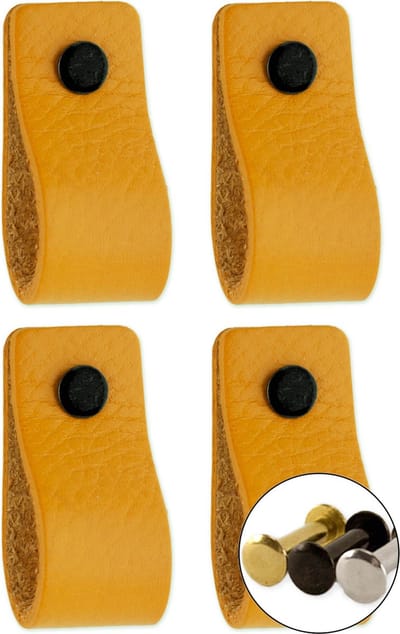 Leren handgrepen - Okergeel - 4 stuks - 12,5 x 2,5 cm - incl. 3 kleuren schroeven - Gele handgrepen leer - Leren meubelgreep - Leren handvaten kast - Leren lus - Handgreep leer - Leren greepjes - Handvat leer - Leren deurgreep - Leren handgreep geel