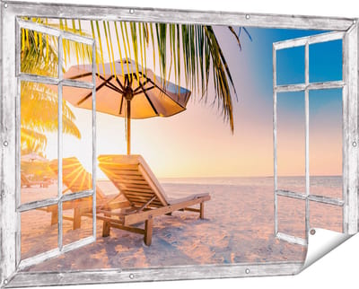 Gards Tuinposter Doorkijk Tropisch Strand tijdens Zonsondergang - 150x100 cm - Tuindoek - Tuindecoratie - Wanddecoratie buiten - Tuinschilderij