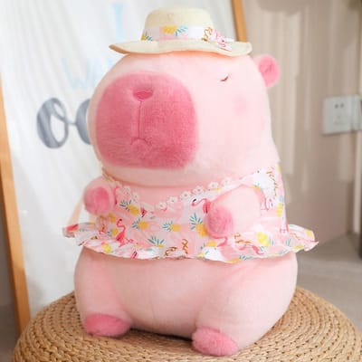 Roze Zee Strand Jurk Capybara Pluche Speelgoed Gevuld Blauw Shirt Zwemband Bij Decoratie Capibara Pluche Jongen Hawaï Vakantie Stijl about  23-25cm