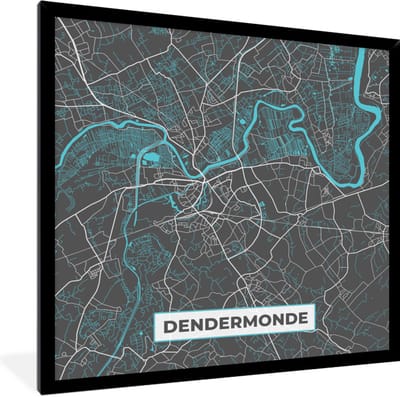 Fotolijst incl. Poster - België – Dendermonde – Stadskaart – Kaart – Blauw – Plattegrond - 40x40 cm - Posterlijst