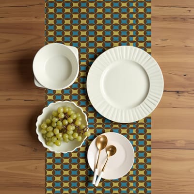 ABAKUHAUS – Retro Tafelloper 40×180 cm – Geometrische jaren ’70-stijl – Polyester Bruin/Blauw/Geel