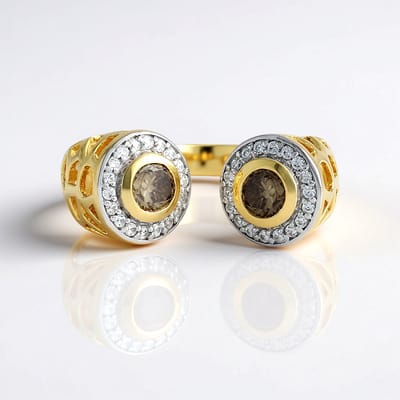 Cavill - Zilveren Ring Verguld - 2x I2 Champagne Diamant 0,198 ct - 32x Cambodjaanse Zirkonia 0,202 ct - Ronde Briljant, Elegante Damesring
