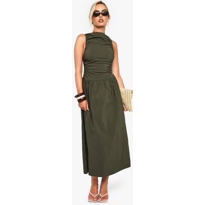 boohoo Dames Geraffelde mouwloze midaxi-jurk met verlaagde taille | Kaki | Maat: 36