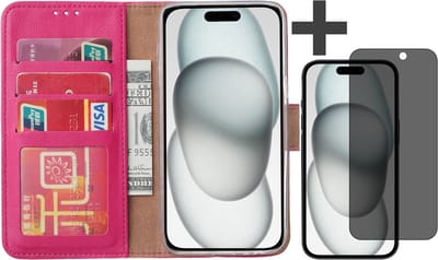 Hoesje met Privacy Screenprotector Geschikt voor iPhone 15 – Arara bookcase met pasjeshouder - Roze