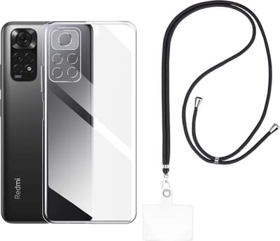 Set met hoesje en nekband voor xiaomi redmi note 11 / redmi note 11s - Flexibele, transparante TPU-bescherming, verstelbare universele nekband voor mobiele telefoons, zwarte nekband, transparante draagriem van Phonillico®